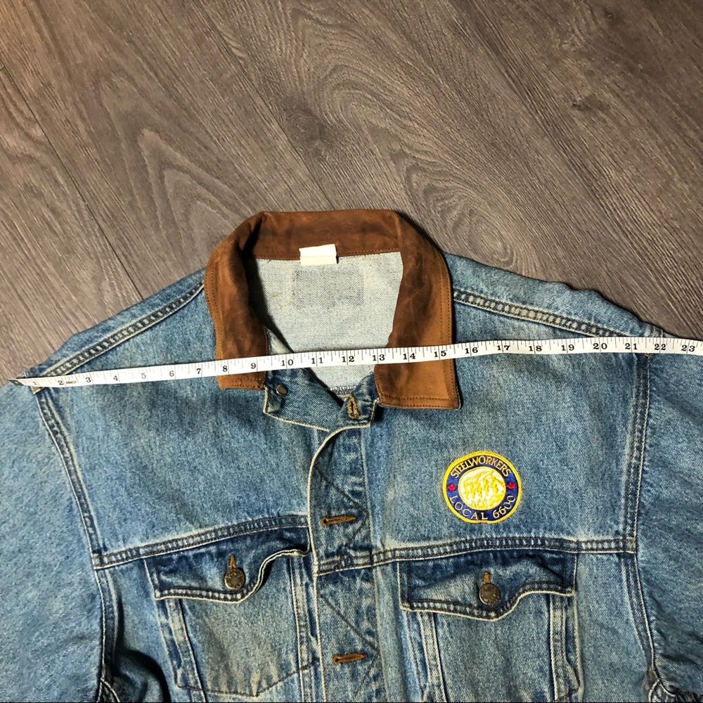 Mens Vintage Jean Jacket with Leather Collar Large - Picture 5 of 6